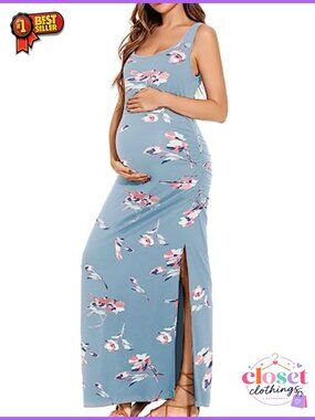 Smallshow Maternity Split Maxi Tank Dress Ruched Sides